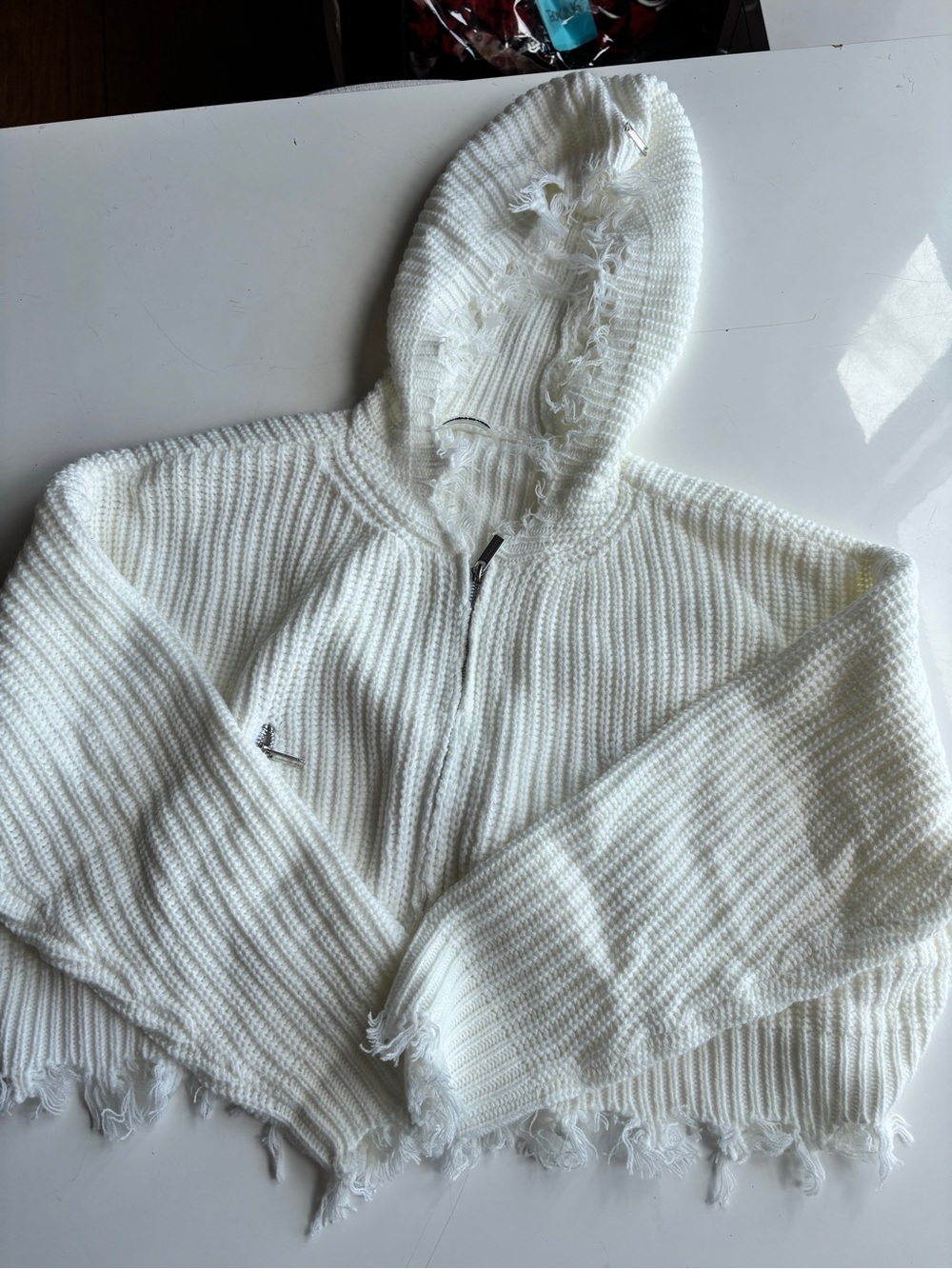 Maniere De Voir White Distressed Zip Knit Hoodie